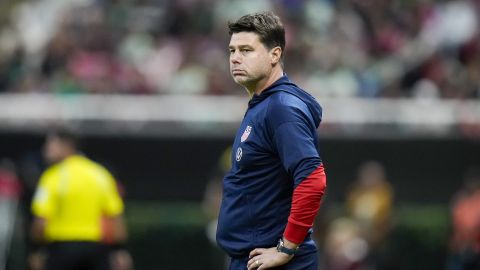The United States' coach Mauricio Pochettino stands in the sideline during an international friendly soccer match against Mexico at Akron Stadium in Guadalajara, Mexico, Tuesday, Oct. 15, 2024. (AP Photo/Eduardo Verdugo)