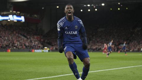 PSG's Ousmane Dembele jcelebrtaes after scoring during the Champions League round of 16 second leg soccer match between Liverpool and Paris Saint-Germain at Anfield in Liverpool, England, Tuesday, March 11, 2025. (AP Photo/Jon Super)