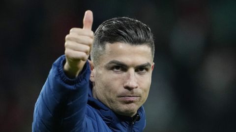 Portugal's Cristiano Ronaldo gestures to the crowd after winning the UEFA Nations League soccer match between Portugal and Denmark, at the Jose Alvalade Stadium in Lisbon, Sunday, March 23, 2025. (AP Photo/Armando Franca)
