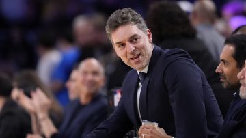 Former Los Angeles Laker Pau Gasol watches during the first half of an NBA basketball game between the Lakers and the Golden State Warriors Thursday, April 3, 2025, in Los Angeles. (AP Photo/Mark J. Terrill)