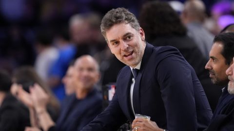 Former Los Angeles Laker Pau Gasol watches during the first half of an NBA basketball game between the Lakers and the Golden State Warriors Thursday, April 3, 2025, in Los Angeles. (AP Photo/Mark J. Terrill)