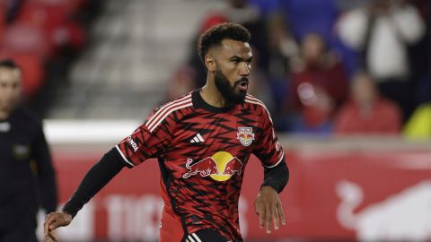 New York Red Bulls forward Eric Maxim Choupo-Moting (13) during an MLS soccer match against the Chicago Fire in Harrison, N.J., Saturday, April 5, 2025. (AP Photo/Adam Hunger)