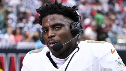 FILE - Miami Dolphins wide receiver Tyreek Hill speaks during a pre-game interview against the Houston Texans during an NFL football game, Sunday, Dec 15, 2024 in Houston. (AP Photo/Maria Lysaker,File)