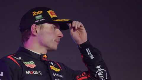 Second placed Red Bull driver Max Verstappen of the Netherlands gestures on the podium during the Formula One Saudi Arabian Grand Prix at the Jeddah Corniche Circuit in Jeddah, Saudi Arabia, Sunday, April 20, 2025. (AP Photo/Darko Bandic)