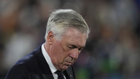 Real Madrid's head coach Carlo Ancelotti arrives for a Spanish La Liga soccer match between Getafe and Real Madrid at the Coliseum Alfonso Perez stadium in Getafe, Spain, Wednesday, April 23, 2025. (AP Photo/Manu Fernandez)