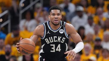 Milwaukee Bucks forward Giannis Antetokounmpo (34) plays during the first half in Game 5 of an NBA basketball first-round playoff series in Indianapolis, Tuesday, April 29, 2025. (AP Photo/Michael Conroy)