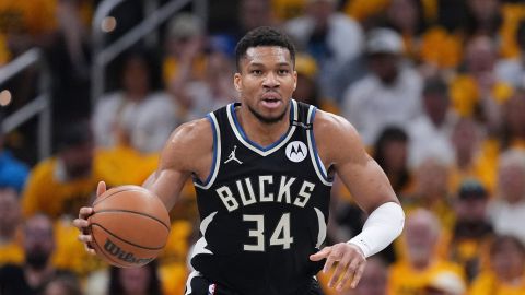 Milwaukee Bucks forward Giannis Antetokounmpo (34) plays during the first half in Game 5 of an NBA basketball first-round playoff series in Indianapolis, Tuesday, April 29, 2025. (AP Photo/Michael Conroy)