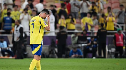 Al Nassr's Cristiano Ronaldo reacts after his team lost to Kawasaki Frontale during a AFC Champions League Elite semifinal soccer match at Alinma Stadium in Jeddah, Saudi Arabia, Wednesday, April 30, 2025. (AP Photo/Ali Issa)