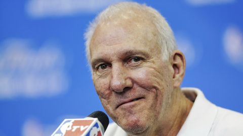 FILE - In this June 14, 2014, file photo, San Antonio Spurs head coach Gregg Popovich smiles as a question is asked during a news conference for the NBA basketball finals in San Antonio. (AP Photo/Tony Gutierrez, File)