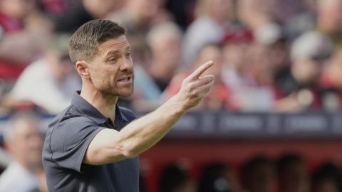 FILE - Leverkusen's head coach Xabi Alonso gives instructions from the side line during the German Bundesliga soccer match between Bayer Leverkusen and Union Berlin at the BayArena in Leverkusen, Germany, on April 12, 2025. (AP Photo/Martin Meissner, File)