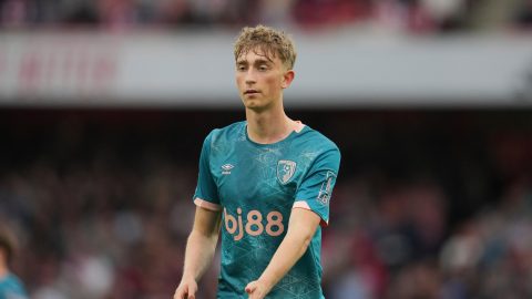 Bournemouth's Dean Huijsen during the English Premier League soccer match between Arsenal and Bournemouth at Emirates stadium in London, Saturday, May 3, 2025. (AP Photo/Kin Cheung)