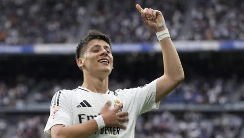 Real Madrid's Arda Guler celebrates after scoring his side's opening goal during the Spanish La Liga soccer match between Real Madrid and Celta Vigo at the Santiago Bernabeu stadium in Madrid, Spain, Sunday, May 4, 2025. (AP Photo/Jose Breton)