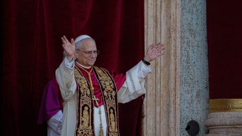 Newly elected Pope Leo XIV, formerly Cardinal Robert Francis Prevost, appears on the central loggia of St. Peter's Basilica at the Vatican shortly after his election as the 267th pontiff of the Roman Catholic Church, Thursday, May 8, 2025. (AP Photo/Domenico Stinellis)
