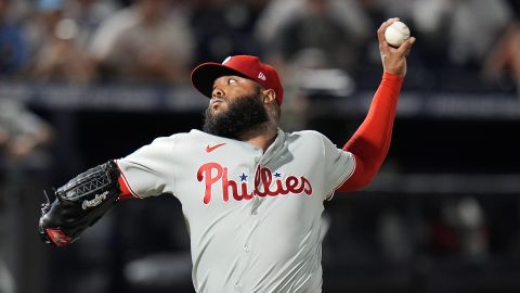Philadelphia Phillies pitcher José Alvarado delivers to the Tampa Bay Rays during the ninth inning of a baseball game Thursday, May 8, 2025, in Tampa, Fla. (AP Photo/Chris O'Meara)