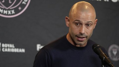 Inter Miami head coach Javier Mascherano talks to the media after an MLS soccer match against Minnesota United, Saturday, May 10, 2025, in St. Paul, Minn. (AP Photo/Abbie Parr)