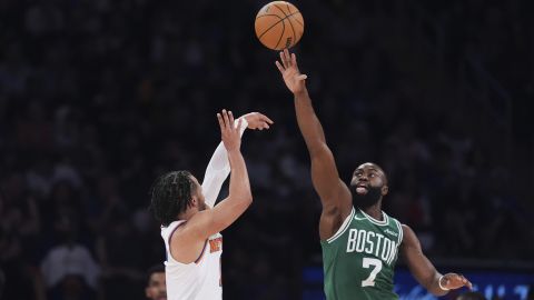 Boston Celtics' Jaylen Brown (7) defends a shot by New York Knicks' Jalen Brunson during the second half of Game 6 in the Eastern Conference semifinals of the NBA basketball playoffs Friday, May 16, 2025, in New York. (AP Photo/Frank Franklin II)