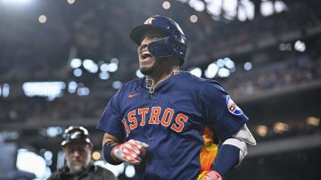Houston Astros' Isaac Paredes comes off the field after hitting a home run during a baseball game against the Texas Rangers in Arlington, Texas, Sunday, May 18, 2025. (AP Photo/Jerome Miron)