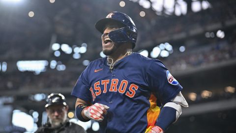 Houston Astros' Isaac Paredes comes off the field after hitting a home run during a baseball game against the Texas Rangers in Arlington, Texas, Sunday, May 18, 2025. (AP Photo/Jerome Miron)