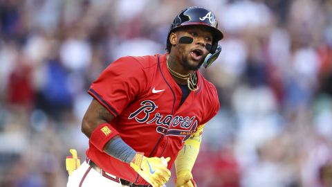 Atlanta Braves' Ronald Acuna Jr. reacts after hitting a home run in the first inning of a baseball game against the San Diego Padres, Friday, May 23, 2025, in Atlanta. (AP Photo/Colin Hubbard)