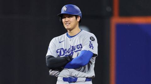 Los Angeles Dodgers' Shohei Ohtani stands on second base during the third inning of a baseball game against the New York Mets Friday, May 23, 2025, in New York. (AP Photo/Pamela Smith)