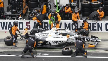 Pato O'Ward, of Mexico, pits during of the Indianapolis 500 auto race at Indianapolis Motor Speedway in Indianapolis, Sunday, May 25, 2025. (AP Photo/AJ Mast)