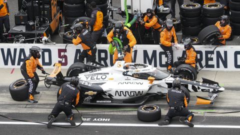Pato O'Ward, of Mexico, pits during of the Indianapolis 500 auto race at Indianapolis Motor Speedway in Indianapolis, Sunday, May 25, 2025. (AP Photo/AJ Mast)