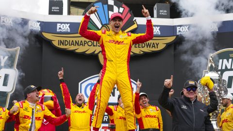 Alex Palou, of Spain, celebrates after winning the Indianapolis 500 auto race at Indianapolis Motor Speedway in Indianapolis, Sunday, May 25, 2025. (AP Photo/Michael Conroy)