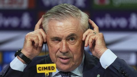 Brazil's new national soccer team head coach Carlo Ancelotti listens to a question during a news conference to announce the players who will compete in the World Cup qualifiers against Ecuador and Paraguay, in Rio de Janeiro, Monday, May 26, 2025. (AP Photo/Silvia Izquierdo)