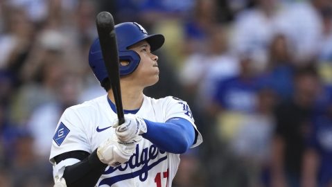 Los Angeles Dodgers' Shohei Ohtani hits a solo home run during the first inning of a baseball game against the New York Yankees, Friday, May 30, 2025, in Los Angeles. (AP Photo/Mark J. Terrill)