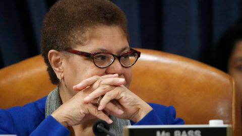 FILE - In this Dec. 12, 2019, file photo, Rep. Karen Bass, D-Calif., listens during a hearing on Capitol Hill in Washington. Bass, a prominent figure in national Democratic politics who was on President Joe Biden's shortlist of candidates when he was considering a vice presidential pick, is planning to run for Los Angeles mayor, a person familiar with her plans said Friday, Sept. 24, 2021. (AP Photo/Alex Brandon, File)