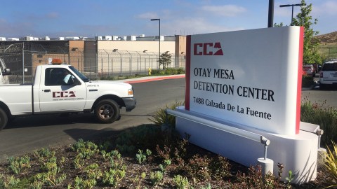 A vehicle drives into the Otay Mesa detention center in San Diego, Calif. on Friday, June 9, 2017. A judge on Friday ordered a Mexican woman released from custody at the detention center, while the government seeks to deport her, rejecting arguments that two arrests while demonstrating in support of people in the United States illegally justified requiring that she wear a monitoring device. (AP Photo/Elliot Spagat)
