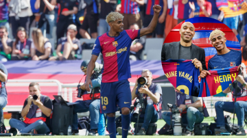 Barcelona's Lamine Yamal reacts after scoring during the La Liga soccer match between Barcelona and Real Madrid in Barcelona, Spain, Sunday, May 11, 2025. AP Photo/Joan Monfort)