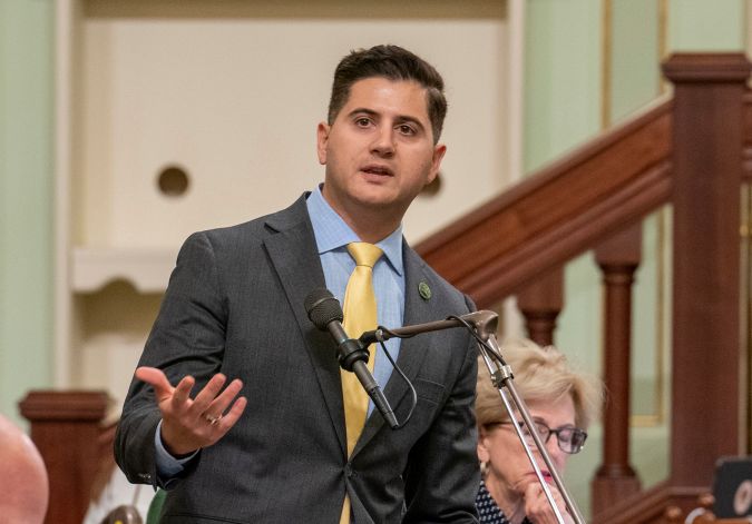 Republican Assembly member Bill Essayli, of Riverside, speaks on a bill before the Assembly at the Capitol in Sacramento, Calif., Thursday, June 1, 2023. (AP Photo/Rich Pedroncelli)