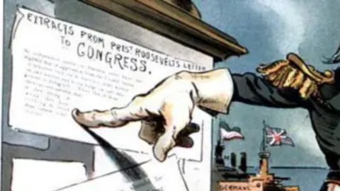Caricatura satírica que apareció en la revista Judge en 1903: la Doctrina Monroe aplicada a Latinoamérica bajo ciertas condiciones.
