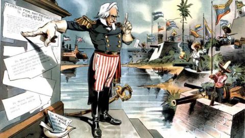 Caricatura satírica que apareció en la revista Judge en 1903: la Doctrina Monroe aplicada a Latinoamérica bajo ciertas condiciones.