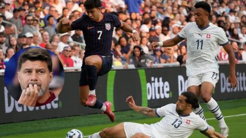 United States midfielder Quinn Sullivan (7) leaps past Switzerland defender Ricardo Ivan Rodriguez (13) and forward Dan Ndoye (11) during the first half of an international friendly soccer match Tuesday, June 10, 2025, in Nashville, Tenn. (AP Photo/George Walker IV)