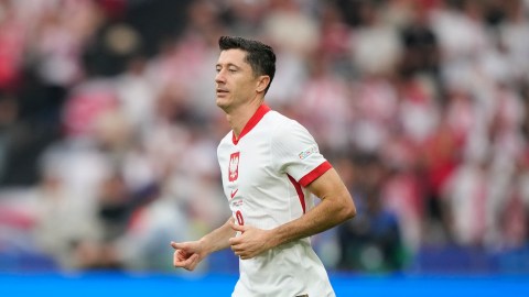 Poland's Robert Lewandowski in action during a Group D match between Poland and Austria at the Euro 2024 soccer tournament in Berlin, Germany, Friday, June 21, 2024. (AP Photo/Ebrahim Noroozi)