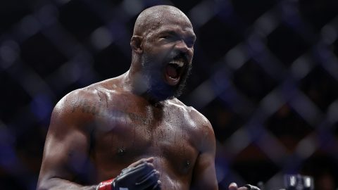 Jon Jones reacts after defeating Stipe Miocic in a UFC 309 mixed martial arts heavyweight title bout, early on Sunday, Nov. 17, 2024, in New York. (AP Photo/Adam Hunger)