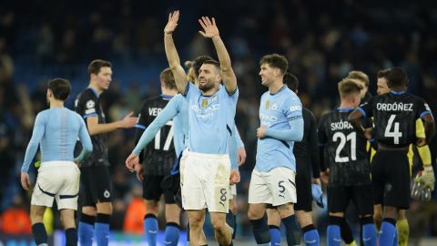 Manchester City's Mateo Kovacic celebrates after the Champions League opening phase soccer match between Manchester City and Club Brugge at the Etihad Stadium in Manchester, Wednesday, Jan. 29, 2025. (AP Photo/Dave Thompson)