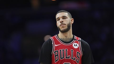Chicago Bulls' Lonzo Ball plays during an NBA basketball game Monday, Feb. 24, 2025, in Philadelphia. (AP Photo/Matt Slocum)