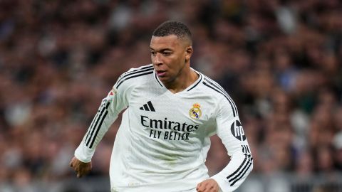 Real Madrid's Kylian Mbappe during a Spanish La Liga soccer match between Real Madrid and Leganes at the Santiago Bernabeu stadium in Madrid, Spain, Saturday, March 29, 2025. (AP Photo/Manu Fernandez)