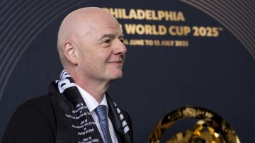 FIFA President Gianni Infantino looks on at a welcoming event for the 2025 FIFA Club World Cup soccer tournament, Thursday, April 10, 2025, in Philadelphia. (AP Photo/Chris Szagola)