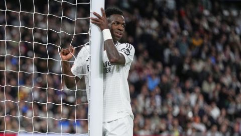 Real Madrid's Vinicius Junior looks on during the Spanish La Liga soccer match between Real Madrid and Athletic Bilbao at the Santiago Bernabeu stadium in Madrid, Sunday, April 20, 2025. (AP Photo/Manu Fernandez)