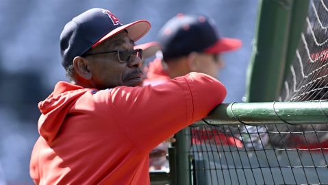 Los Angeles Angels manager Ron Washington watches from the batting cage during warmups before a baseball game against the Pittsburgh Pirates in Anaheim, Calif., Thursday, April 24, 2025. (AP Photo/Alex Gallardo)