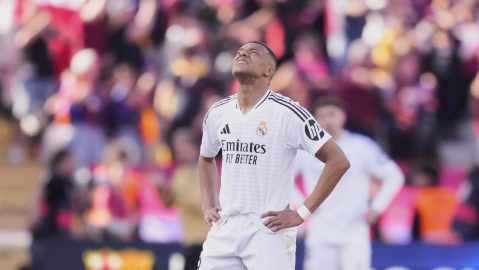 Real Madrid's Kylian Mbappe reacts during the Spanish La Liga soccer match between Barcelona and Real Madrid at the Lluis Companys Olympic Stadium in Barcelona, Spain, Sunday, May 11, 2025. (AP Photo/Jose Breton)