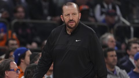 New York Knicks head coach Tom Thibodeau walks on the sideline during the first quarter of Game 1 of the NBA basketball Eastern Conference final against the Indiana Pacers, Wednesday, May 21, 2025, in New York. (AP Photo/Frank Franklin II)