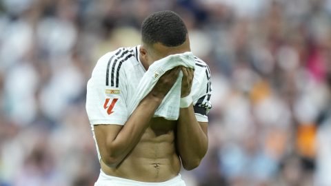 Real Madrid's Kylian Mbappe reacts after missing a chance to score against Real Sociedad during a Spanish La Liga soccer match at Santiago Bernabeu stadium in Madrid, Saturday, May 24, 2025. (AP Photo/Cesar Cebolla)