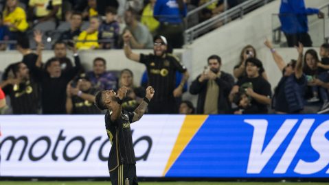 Los Angeles FC forward Denis Bouanga reacts after the team defeats Club América in a FIFA Club World Cup play-in soccer match Saturday, May 31, 2025, in Los Angeles. (AP Photo/Kyusung Gong)
