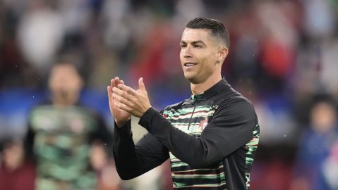 Portugal's Cristiano Ronaldo claps his hands before the Nations League semifinal soccer match between Portugal and Germany at the Munich Football Arena, in Munich, Germany, Wednesday, June 4, 2025. (AP Photo/Matthias Schrader)