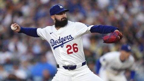 Los Angeles Dodgers starting pitcher Tony Gonsolin throws to the plate during the second inning of a baseball game against the New York Mets, Wednesday, June 4, 2025, in Los Angeles. (AP Photo/Mark J. Terrill)